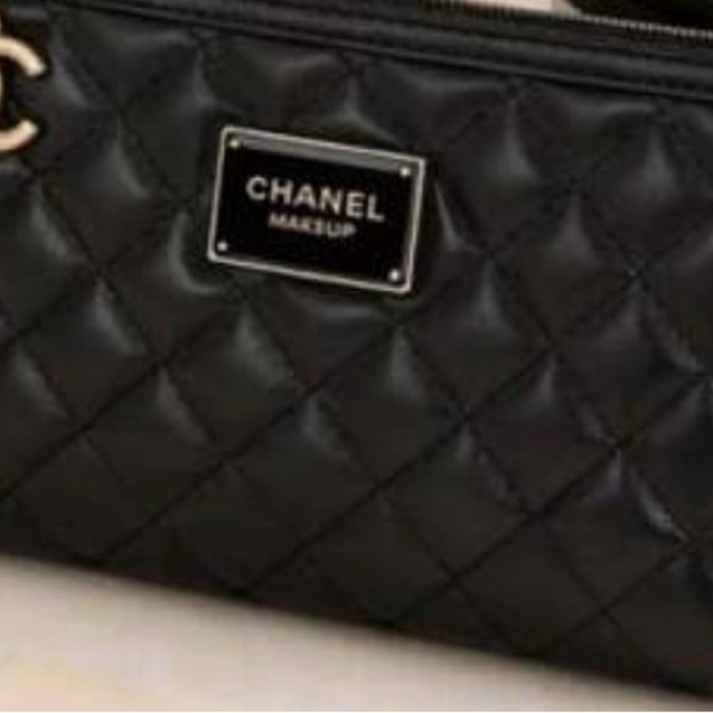 CHANEL Black Quilted Makeup Case with Logo Plate 100 💯 authentic